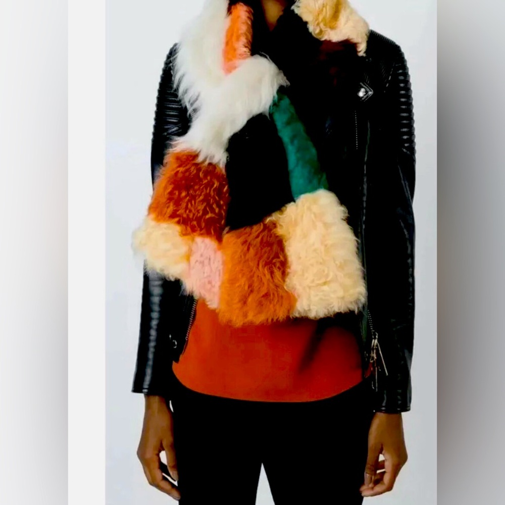 COACH SHEARLING WOOL LEATHER SCARF MULTI COLOR BLOCK SHAWL